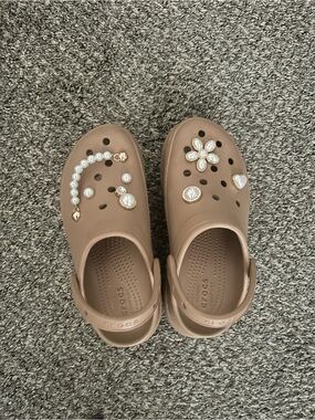 CROCS Classic Clog Mules in Taupe with Pearl & Gold Charms